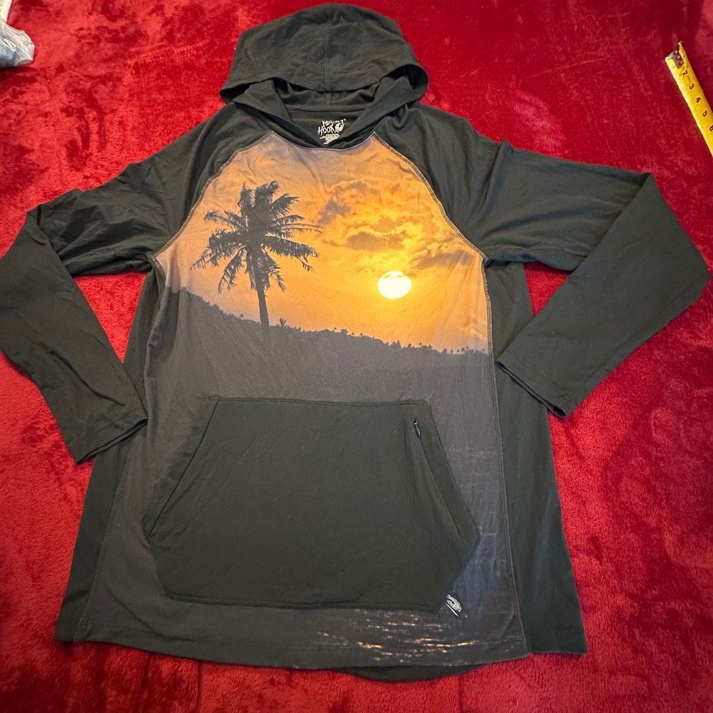 Maori Hook Mens Performance Hoodie Black Tropical Sunset Palm‎ Tree Graphic Med